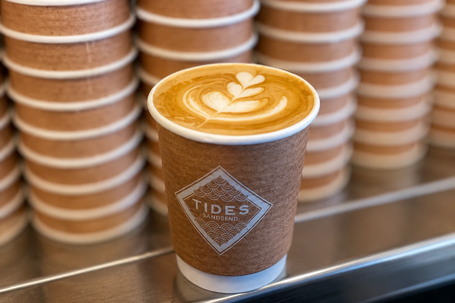 A Tides Sandsend branded takeaway cup filled with freshly made coffee