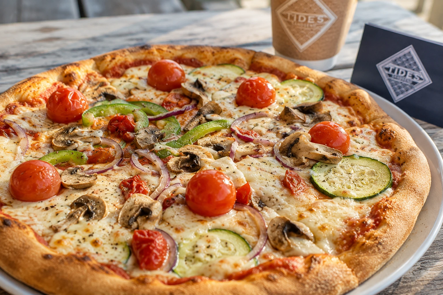 A freshly baked wood-fired vegetable pizza at Tides Sandsend