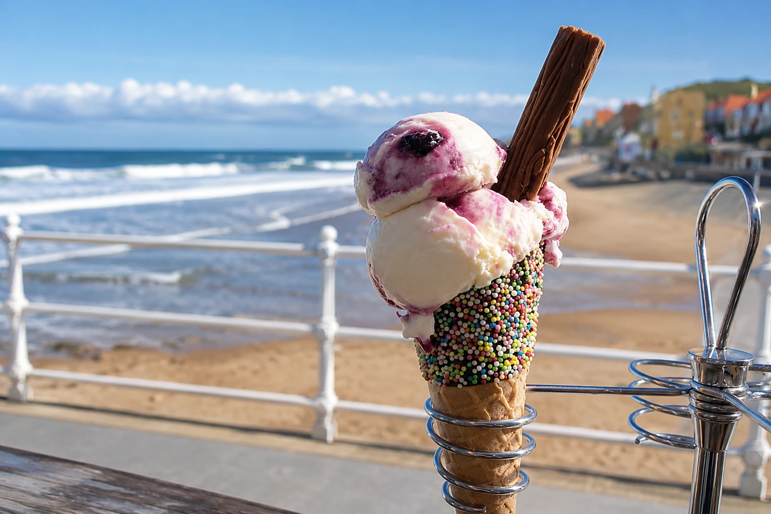 Yorkshire dairy ice cream in a cone overlooking Sandsend beach